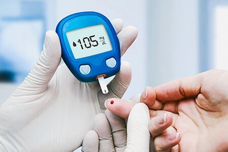 Image of a blood glucose finger prick test for type 2 diabetes