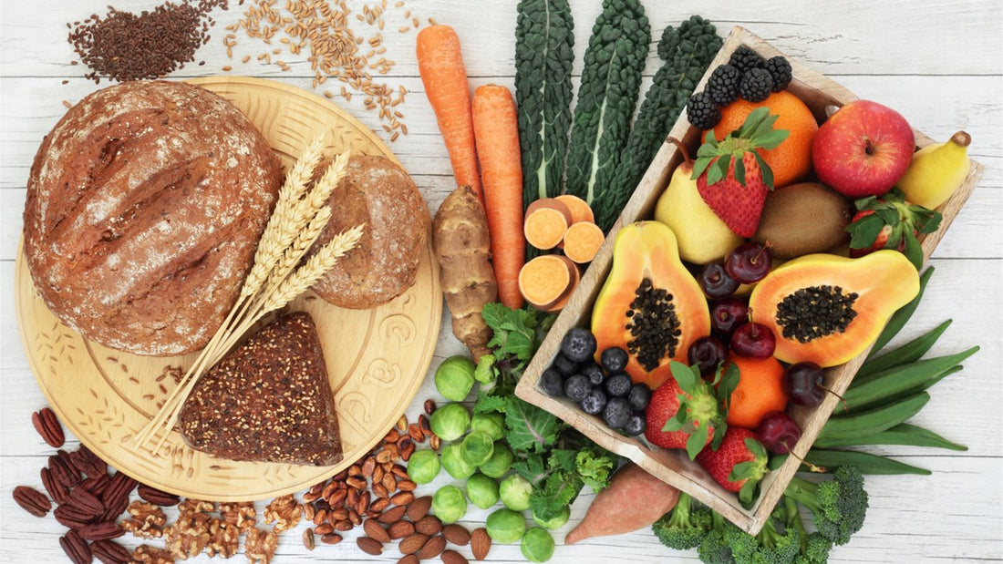 A display of healthy high fibre rich fruit and vegetables