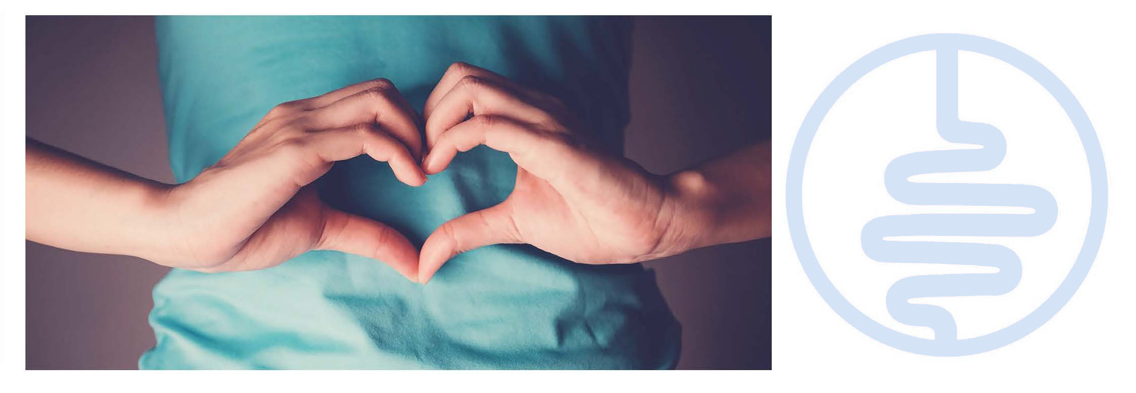 A person making a heart sign with their hands in front of their stomach with the happy gut logo on the side