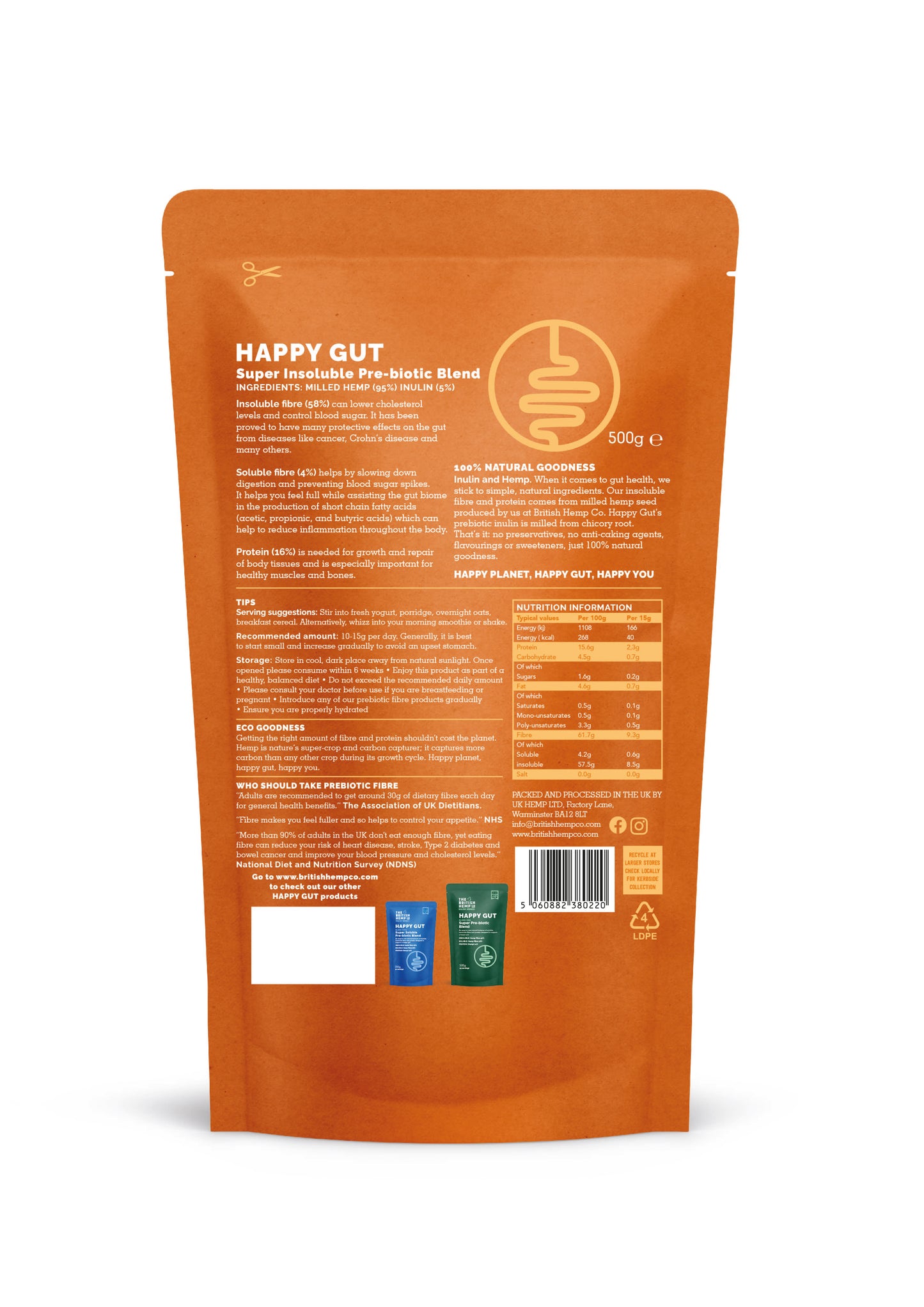 Happy Gut Super Insoluable Pre-biotic Blend back of pack orange