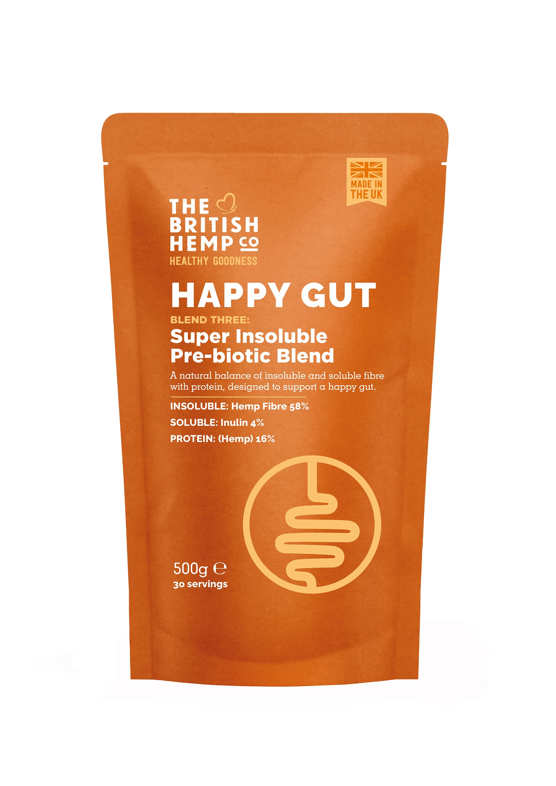 Happy Gut Super Insoluble Pre-biotic Blend Orange front of pack