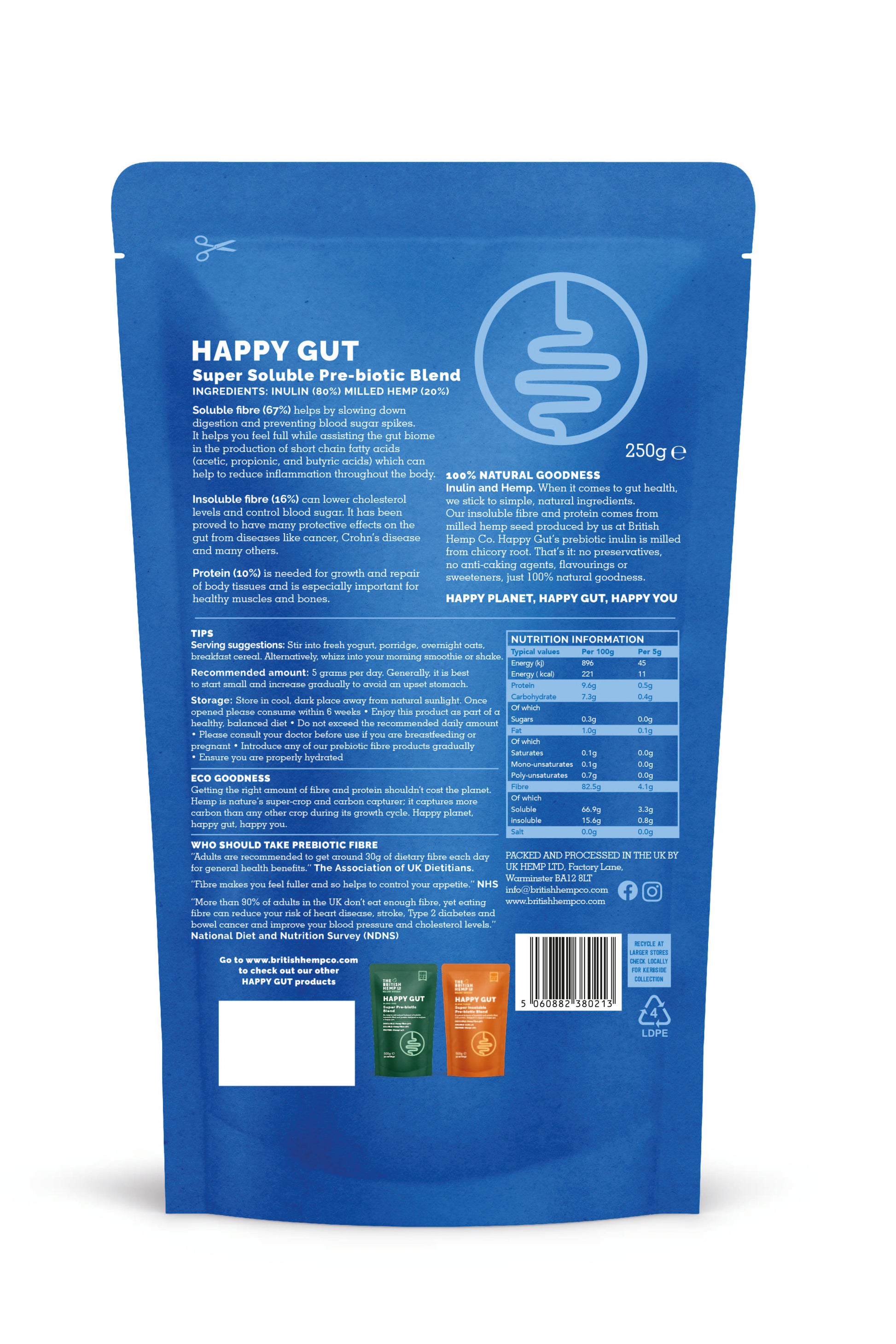 Happy Gut Super souble pre-biotic fibre back of pack blue