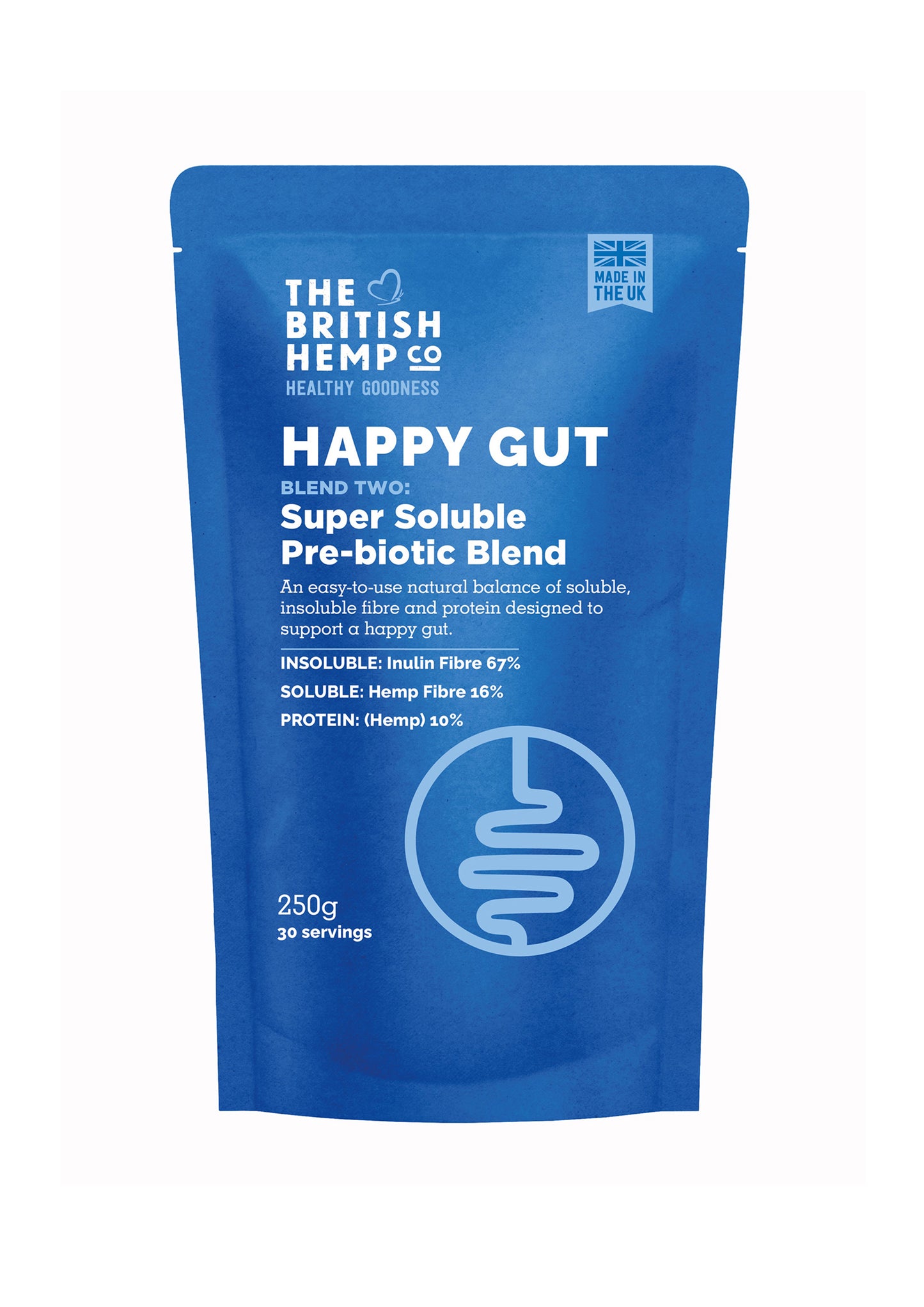 Happy Gut Super Soluble Pre-biotic fibre Blend front of pack blue