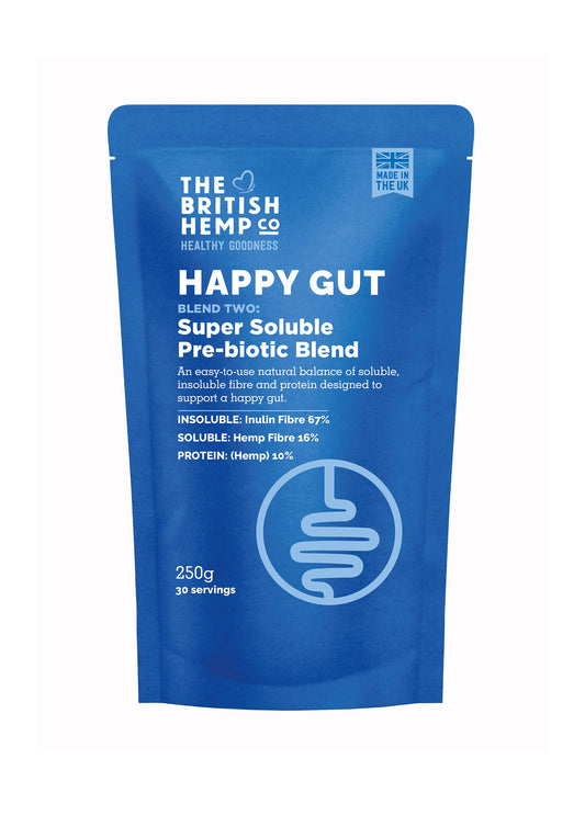 Happy Gut Super Soluble Pre-biotic fibre Blend front of pack blue