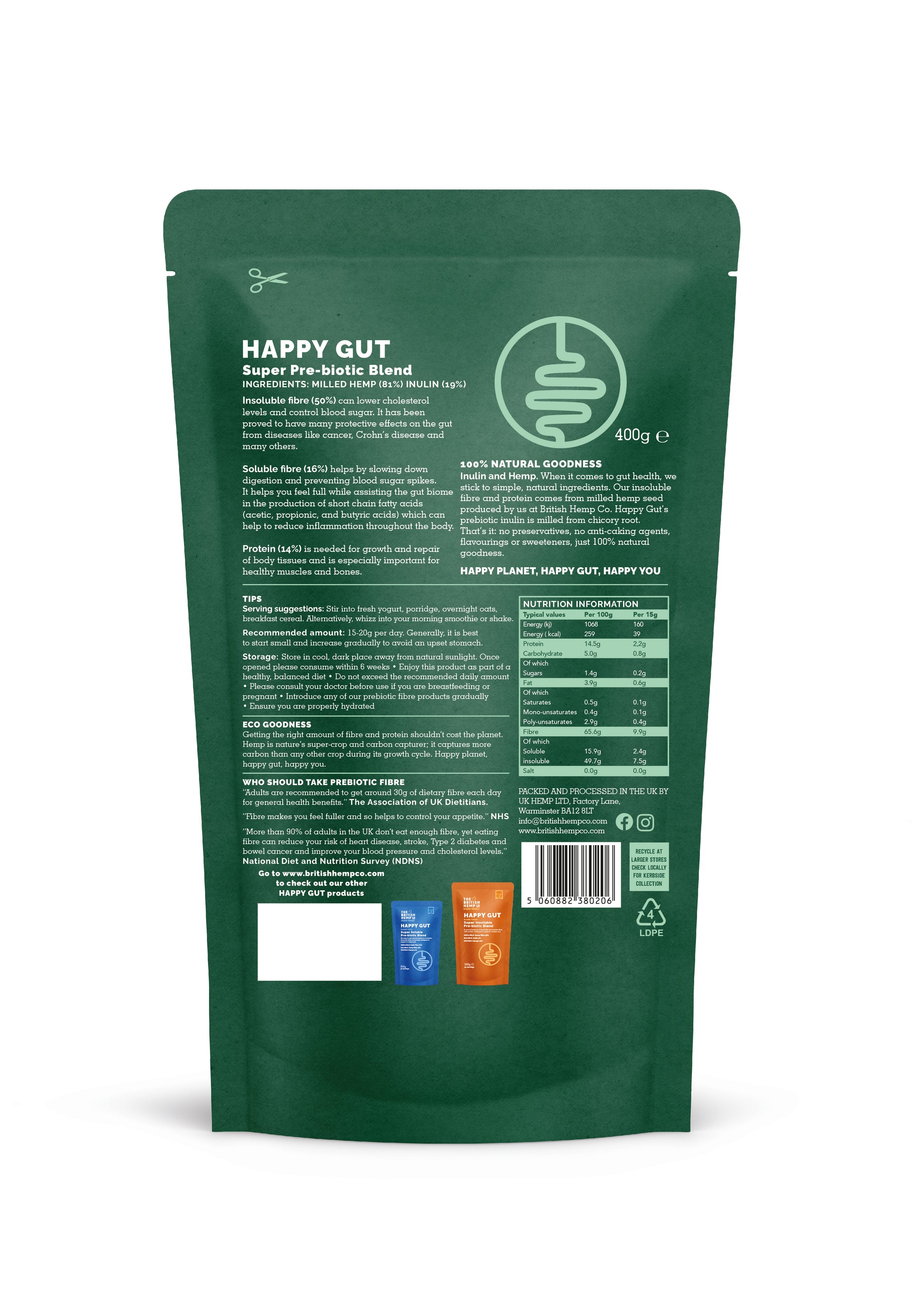 Happy Gut Super Pre-Biotic Blend back of pack in green